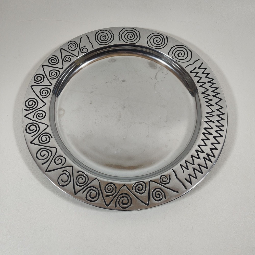 Wilton Armetale Reggae 12" Pewter Serving Platter Spiral Zigzag Rim USA Vintage